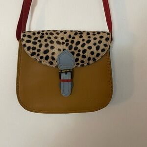Leopard Print and Tan Crossbody Bag with Red Strap